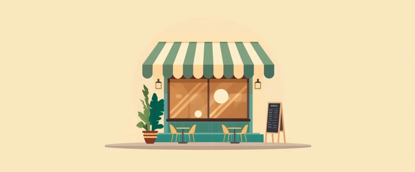Ilustracja: mała restauracja z markizą, stoliki na chodniku i tablica z menu.