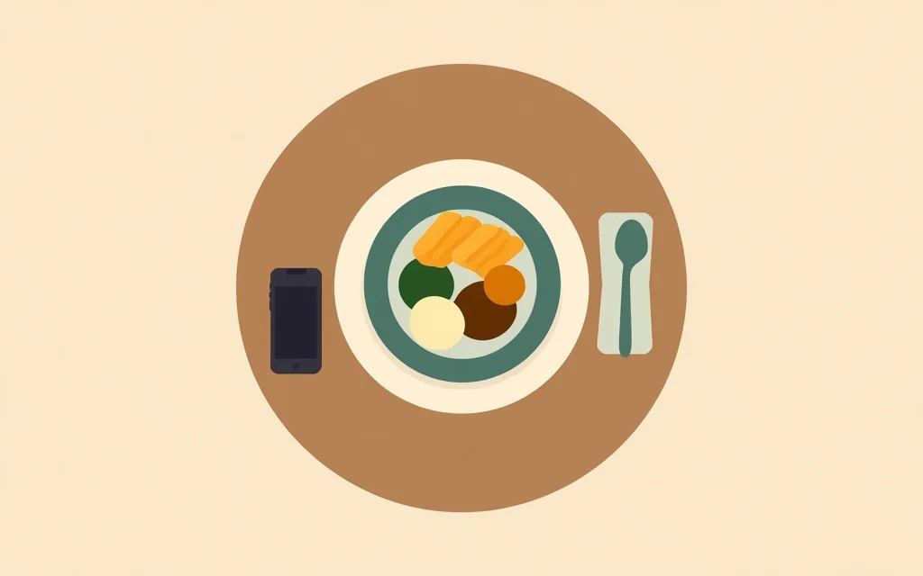 Ilustracja: talerz na stole widziany z góry, obok leży telefon.
