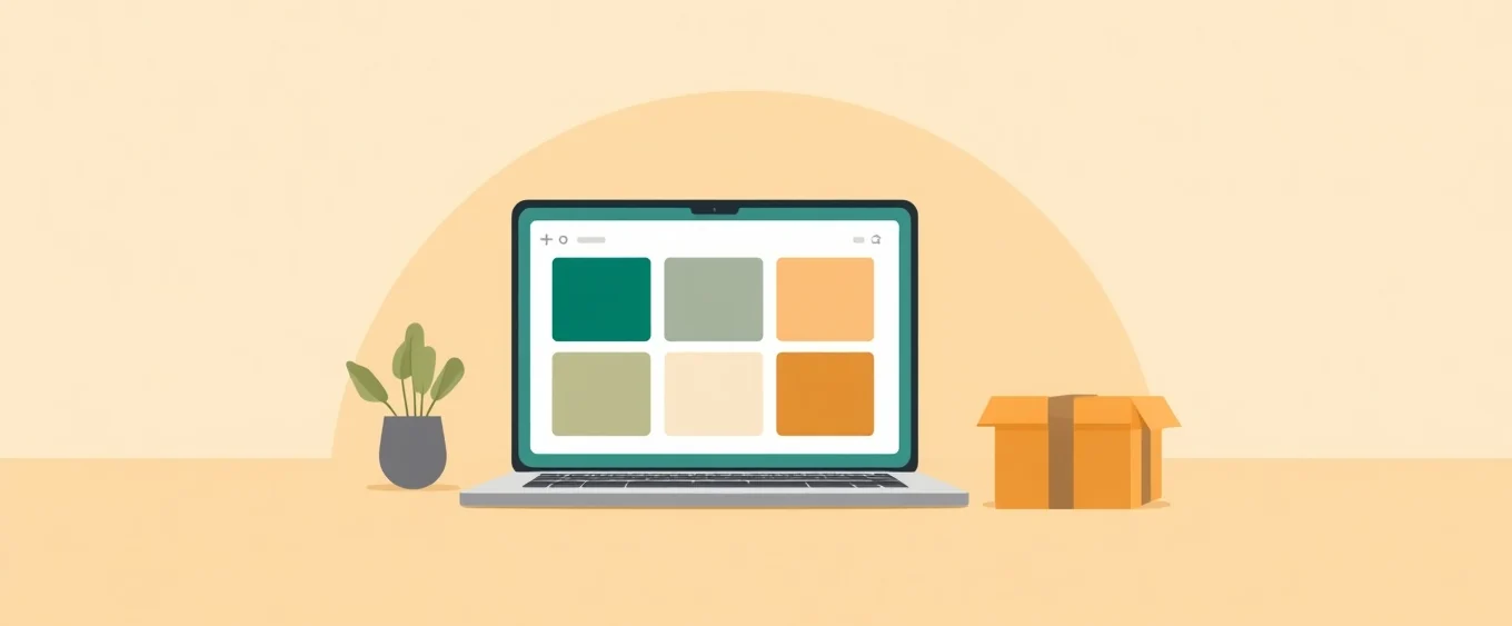 Ilustracja: laptop z siatką produktów na ekranie i paczka obok.
