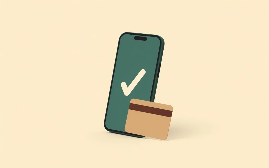 Ilustracja: telefon z potwierdzeniem płatności i karta obok.